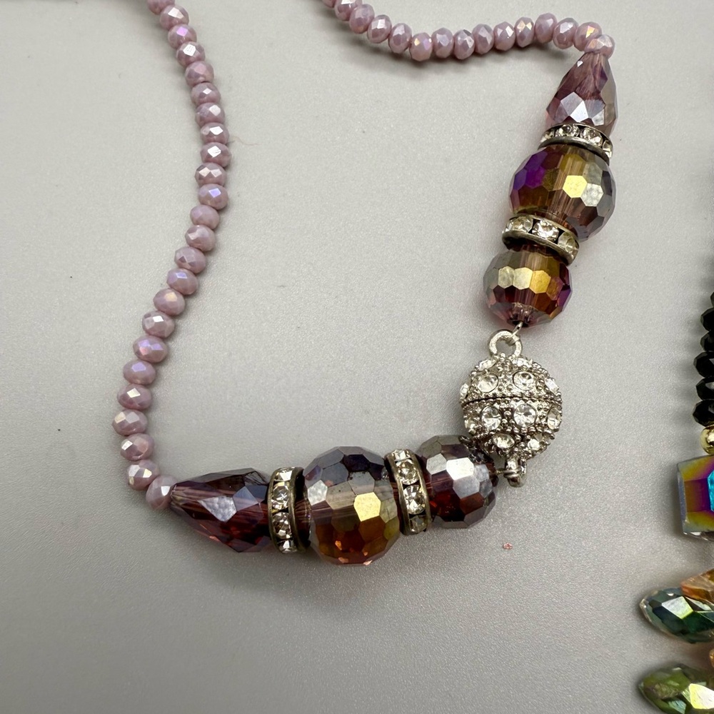 Layered Necklace Rhinestone Black Lavender Crystal Bead Hi-Lo Handmade Designer - Picture 7 of 10